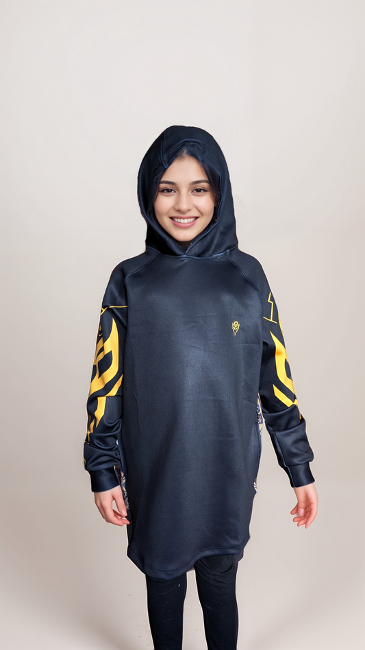 Black Oversized Girls' Hoody with Phoenix Back Design | Satin Hood & Stretch Fabric - Sara Sewn Clothing