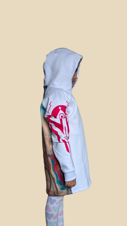 White Oversized Girls' Hoody with Satin Hood & Unique Back Unicorn Mech Design | Stretchy Comfort Fit - Sara Sewn Clothing