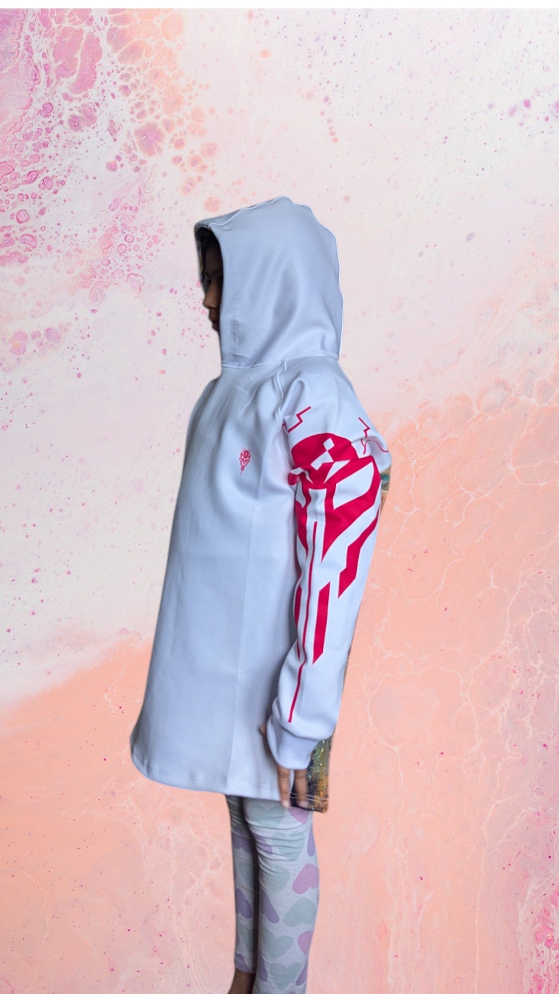 White Oversized Girls' Hoody with Satin Hood & Unique Back Unicorn Mech Design | Stretchy Comfort Fit - Sara Sewn Clothing