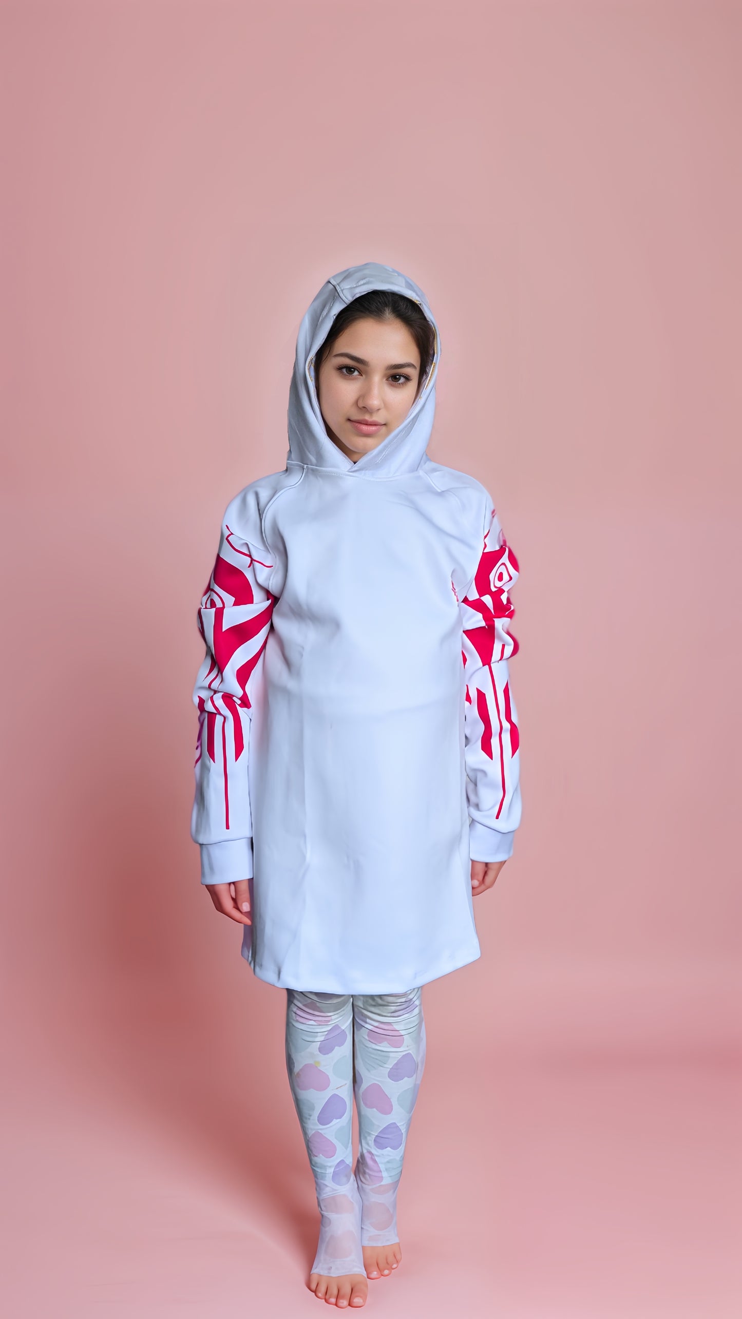 White Oversized Girls' Hoody with Satin Hood & Unique Back Unicorn Mech Design | Stretchy Comfort Fit - Sara Sewn Clothing